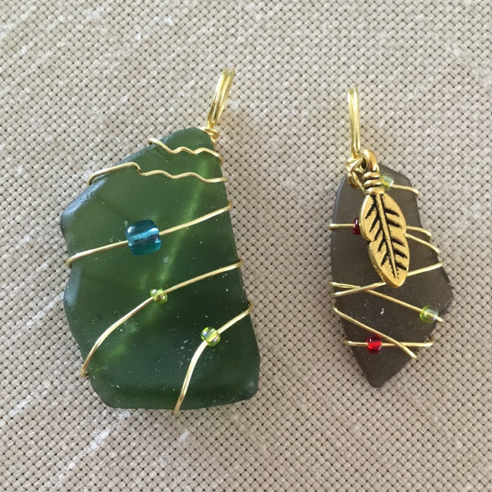 Hand Crafted Sea Glass Pendants Bundle of 2 Green Gold Toned Feather